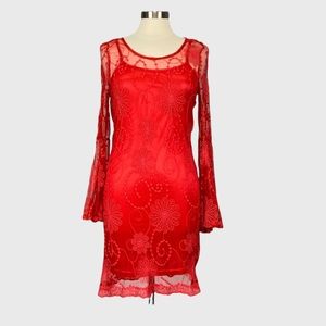 Bacci Red Embroidered Lace Overlay Dress Bell Sleeve